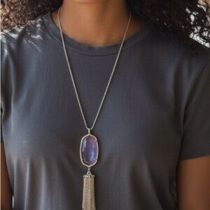 Kendra Scott Rayne Gold Necklace with Irresent Pendant and gold necklace fringe